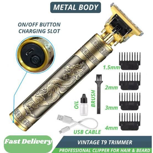 Vintage T9 Professional Cordless Hair & Beard Trimmer – Rechargeable Electric Hair Clipper with T-Blade