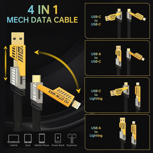 4 In 1 Data Cable – USB-C & Lightning Connectors, Braided Durable Design, Fast Charging